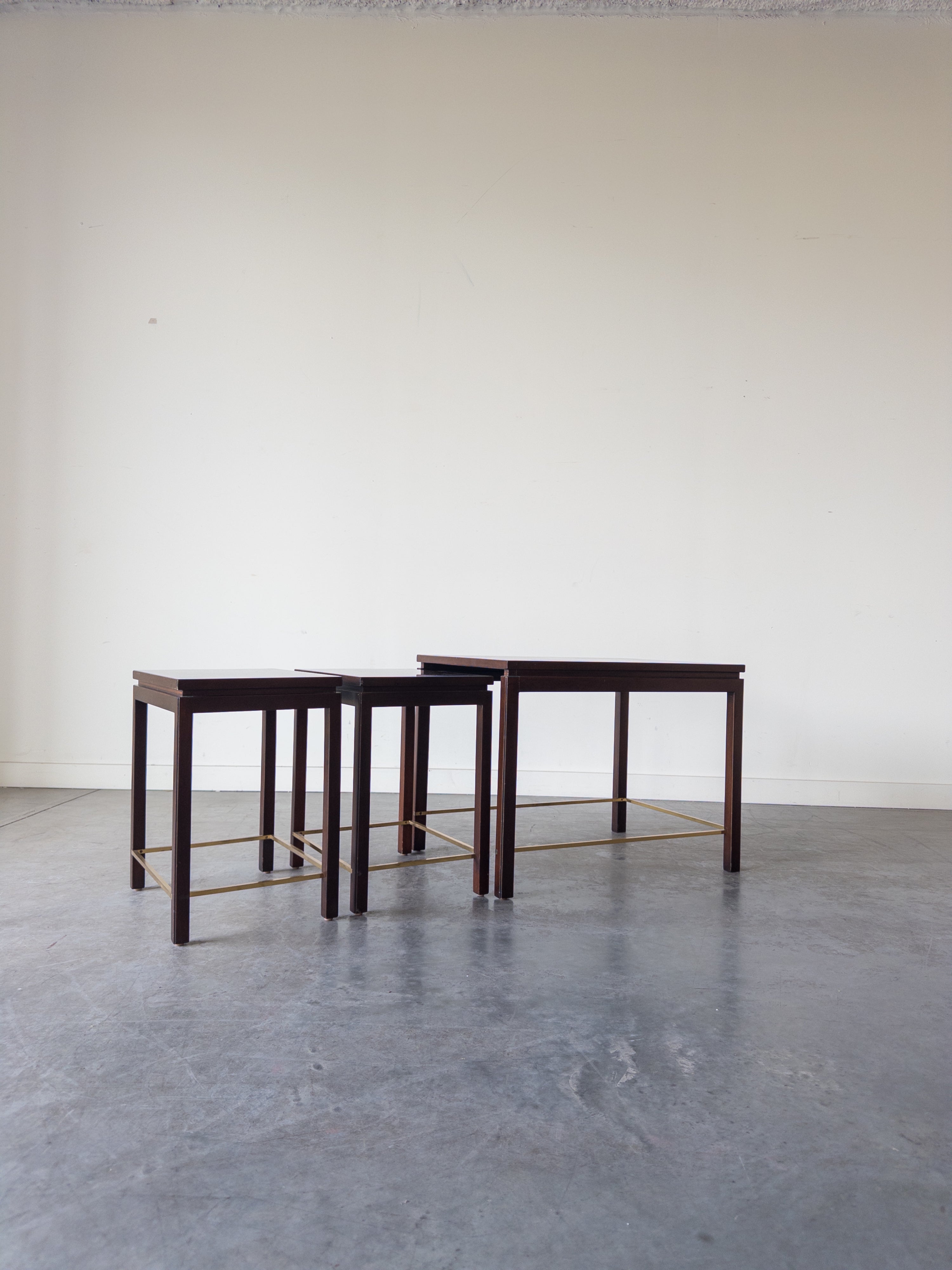 Brass and Mahogany Nesting Table Set by Edward Wormley for Dunbar