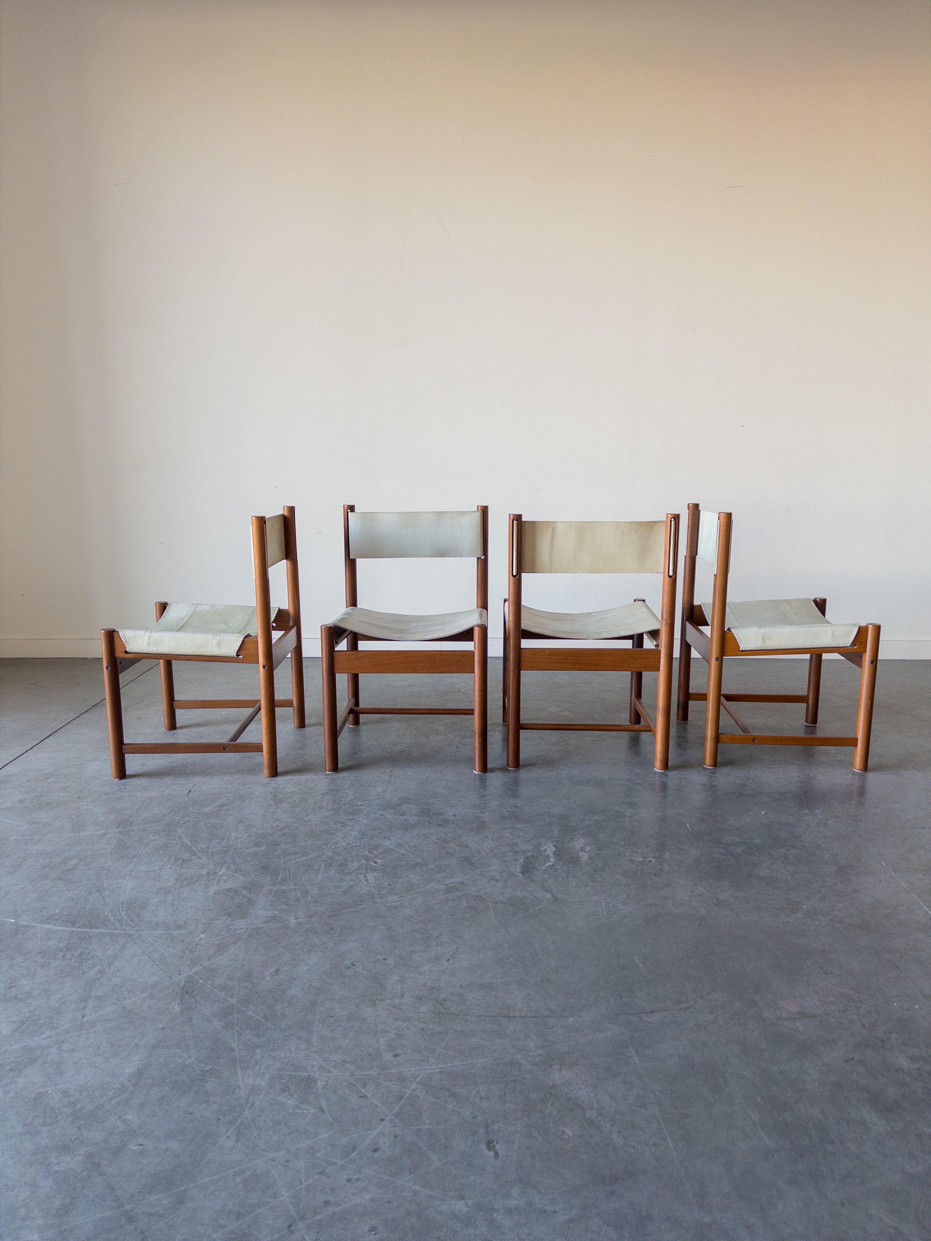 Set of 4 Imbuia Wood and Leather Sling Chairs by Michel Arnoult