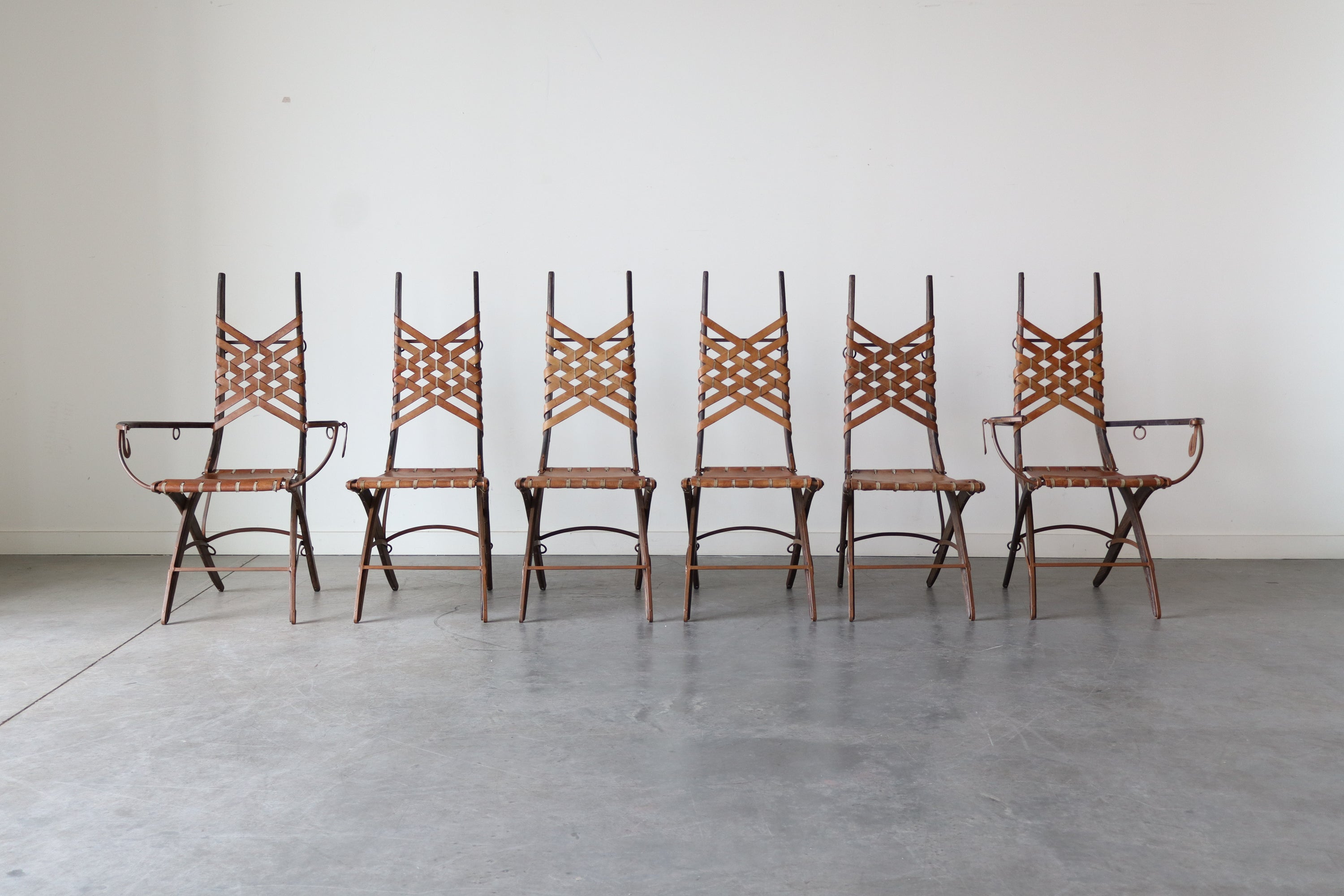 Set of 6 Oak, Iron & Leather Dining Chairs by Alberto Marconetti