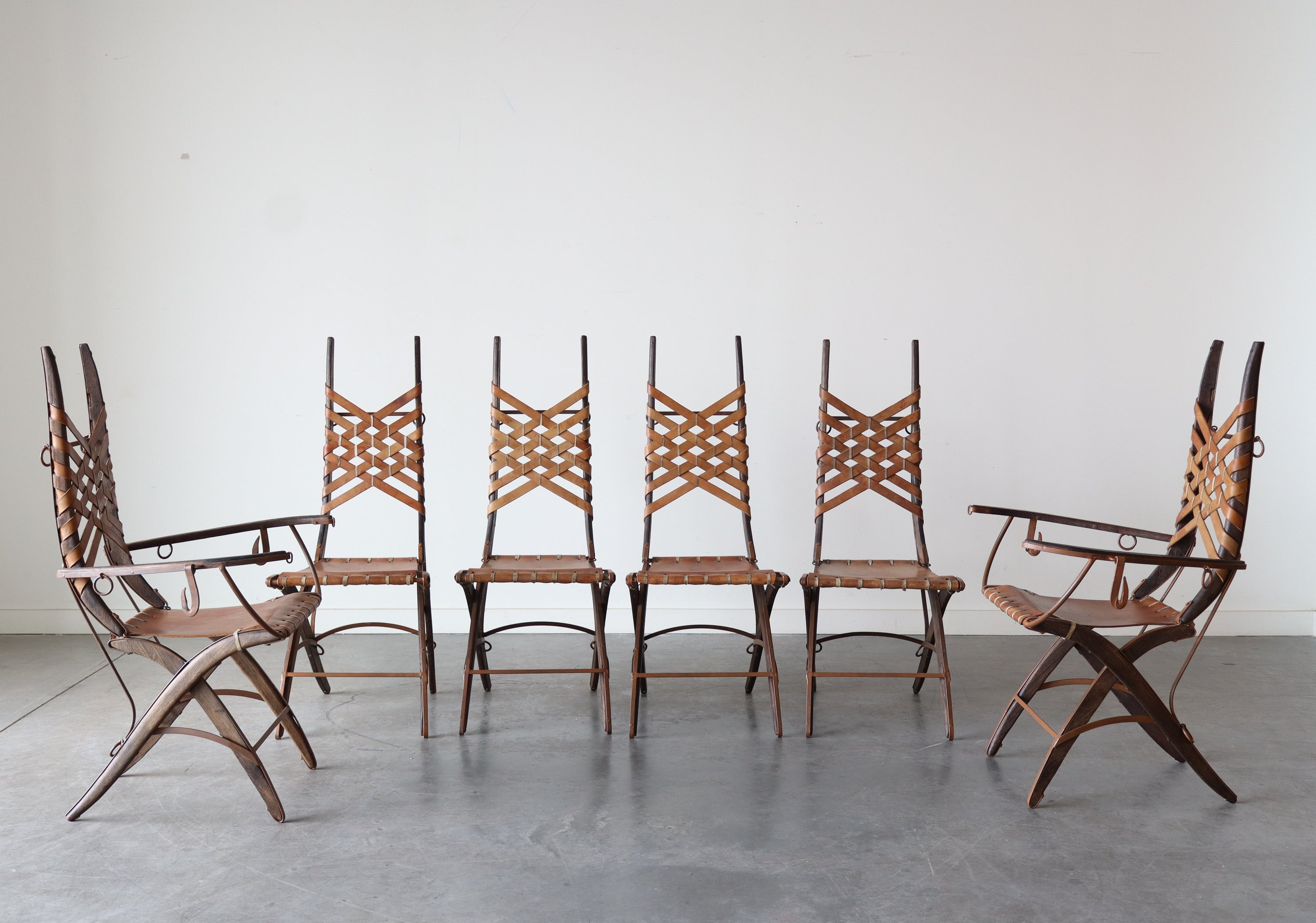 Set of 6 Oak, Iron & Leather Dining Chairs by Alberto Marconetti