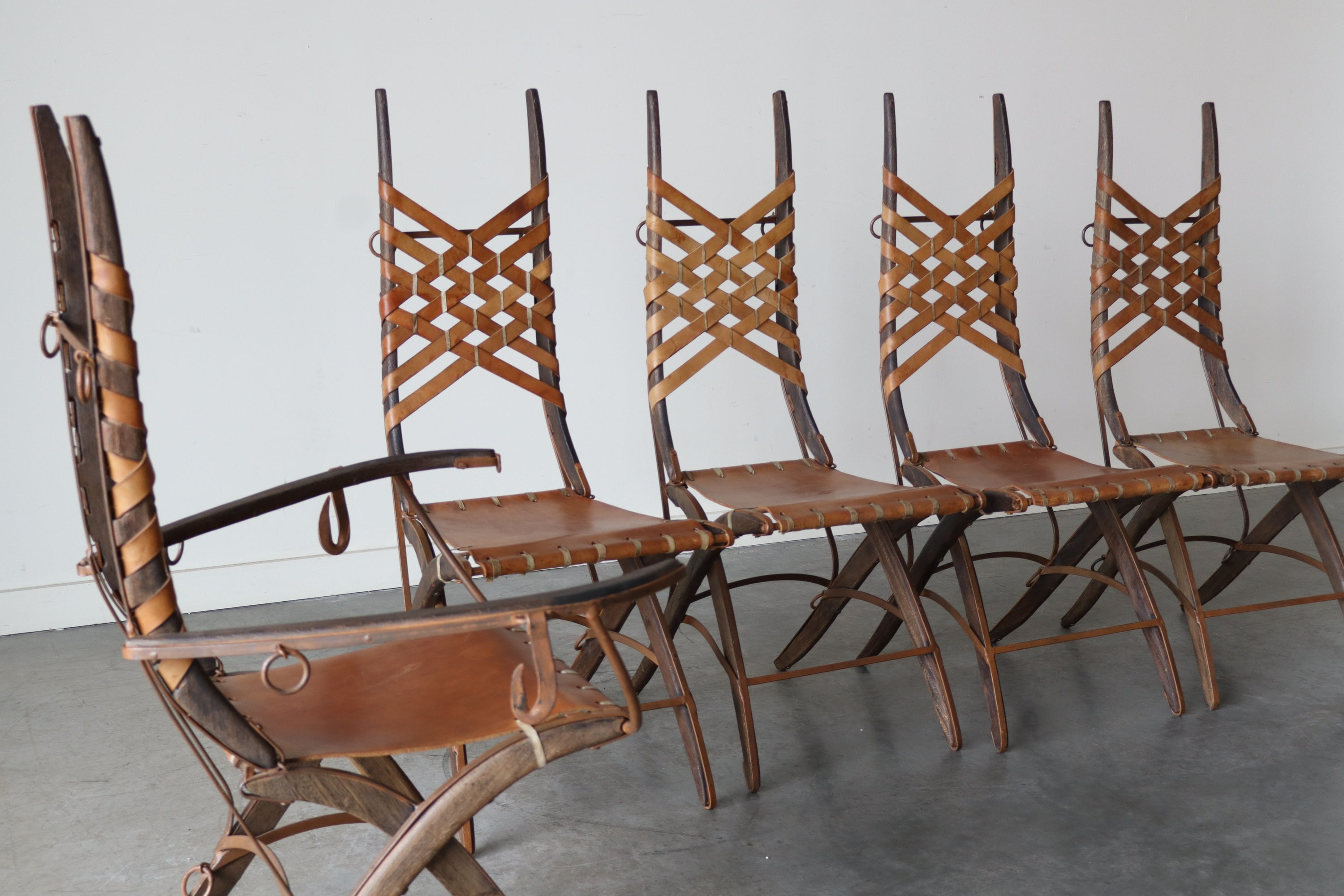 Set of 6 Oak, Iron & Leather Dining Chairs by Alberto Marconetti