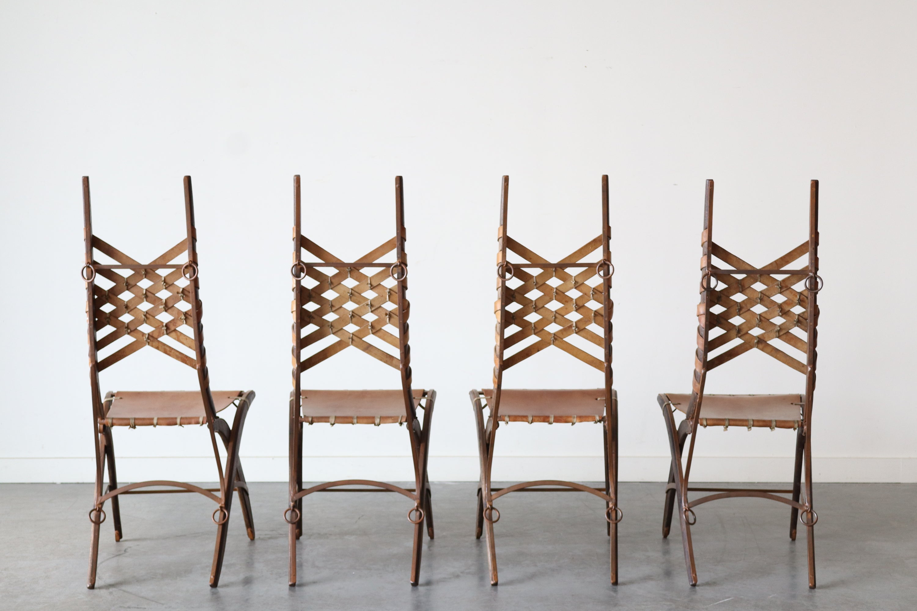 Set of 6 Oak, Iron & Leather Dining Chairs by Alberto Marconetti