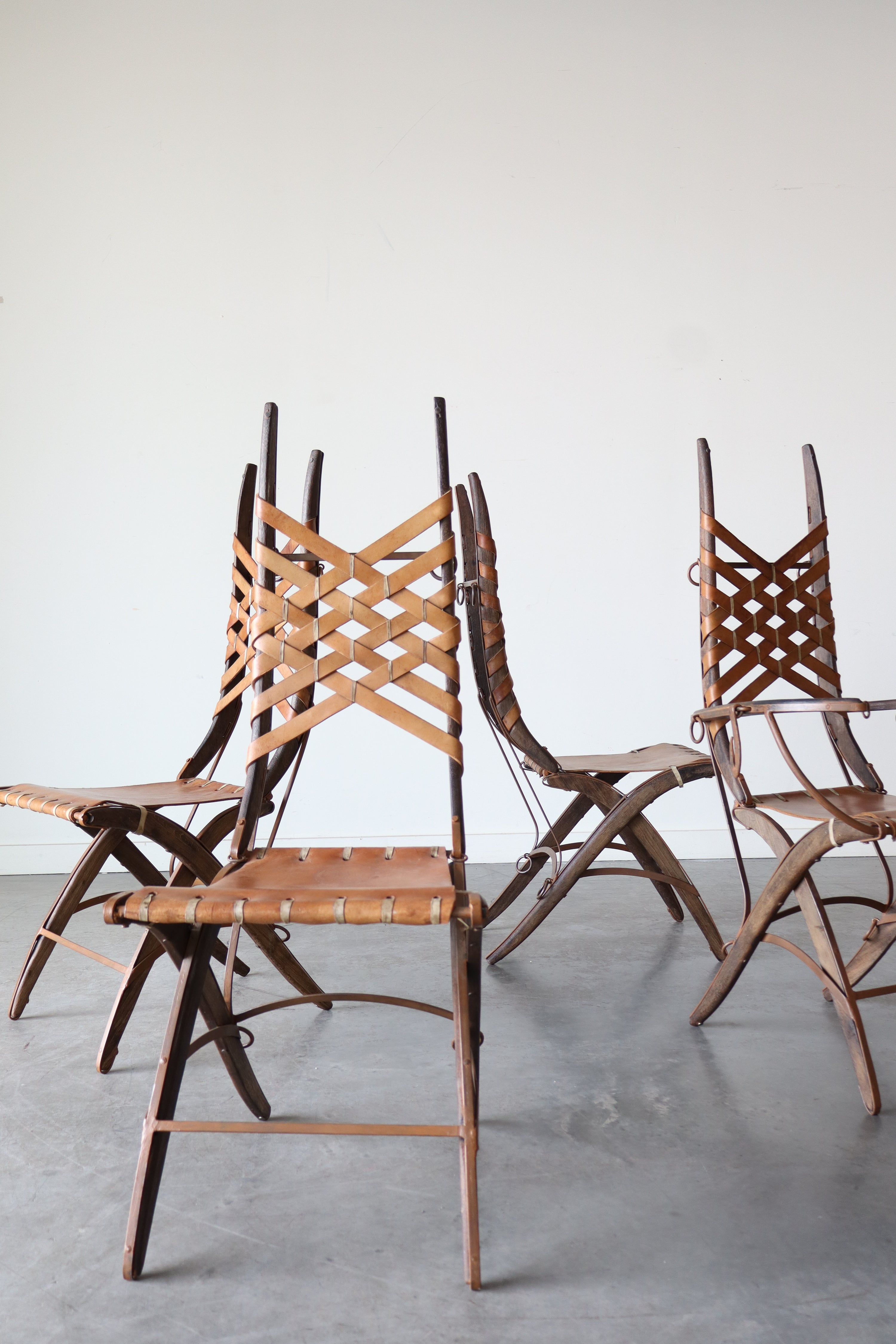 Set of 6 Oak, Iron & Leather Dining Chairs by Alberto Marconetti