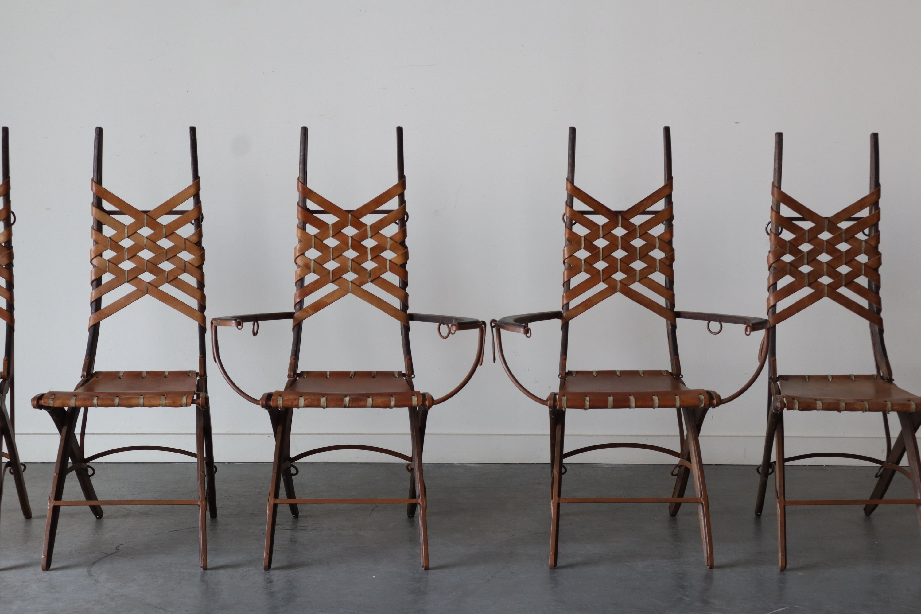 Set of 6 Oak, Iron & Leather Dining Chairs by Alberto Marconetti