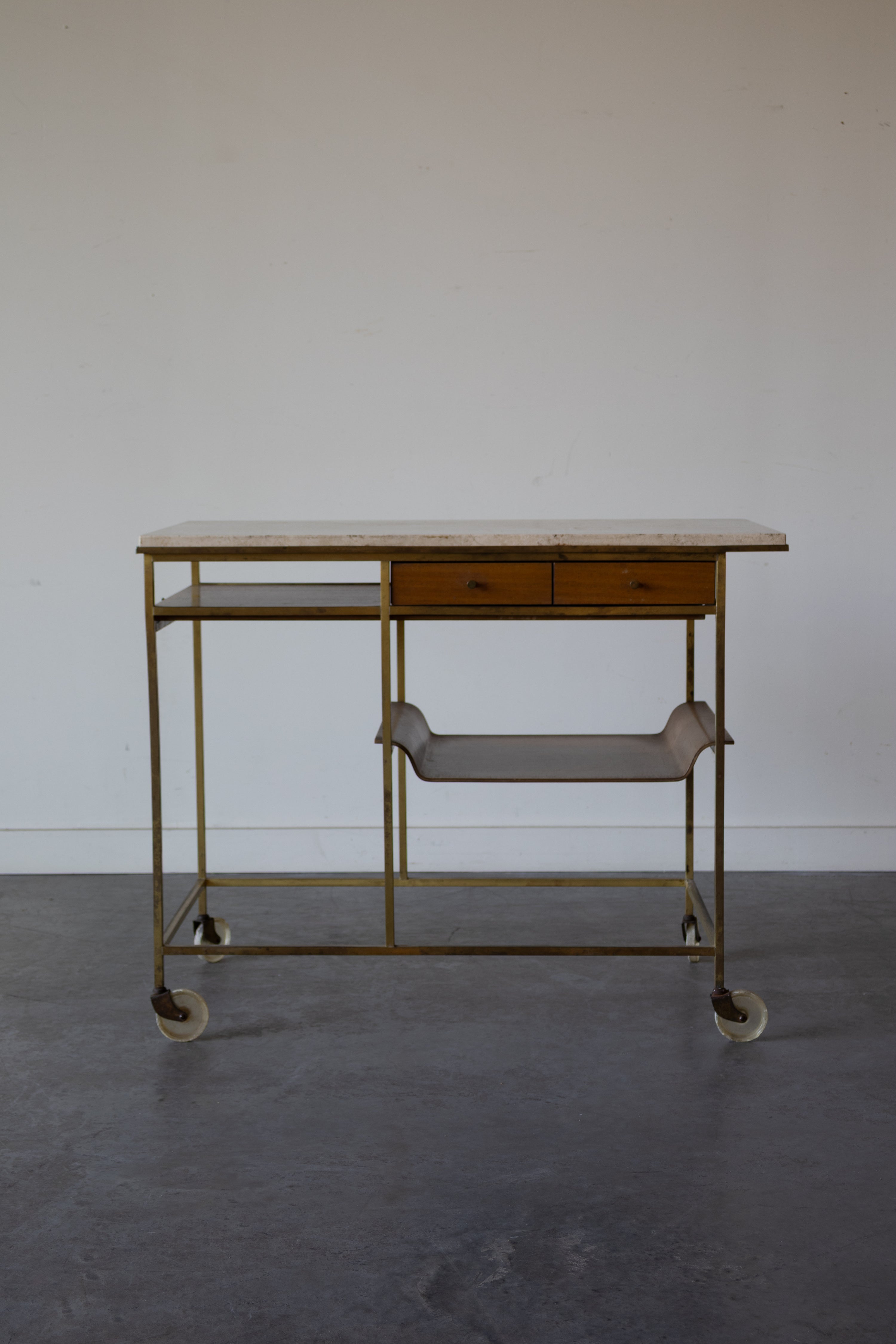 Travertine, Brass and Mahogany Bar Cart by Paul McCobb for Calvin Irwin Collection, 1952