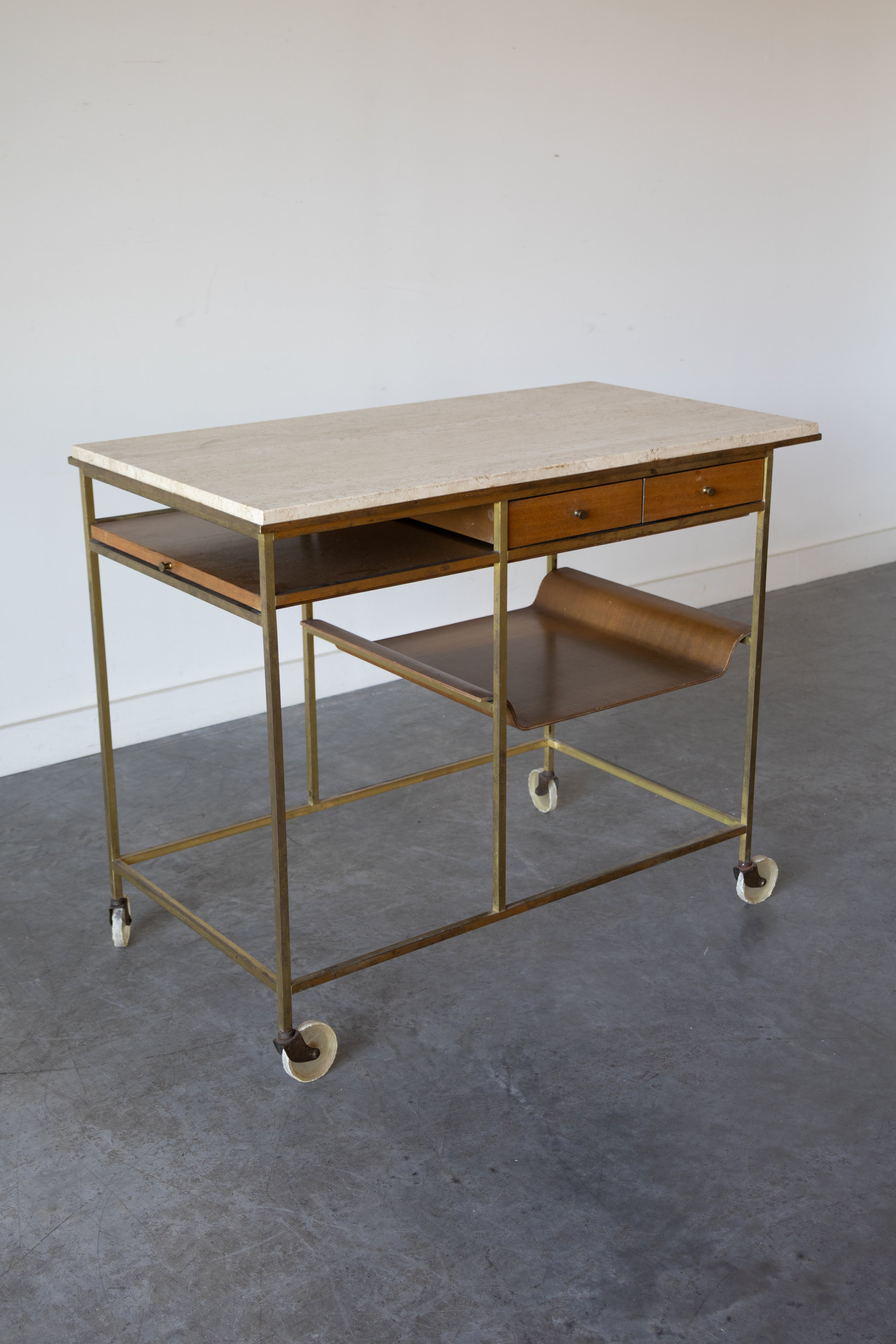 Travertine, Brass and Mahogany Bar Cart by Paul McCobb for Calvin Irwin Collection, 1952