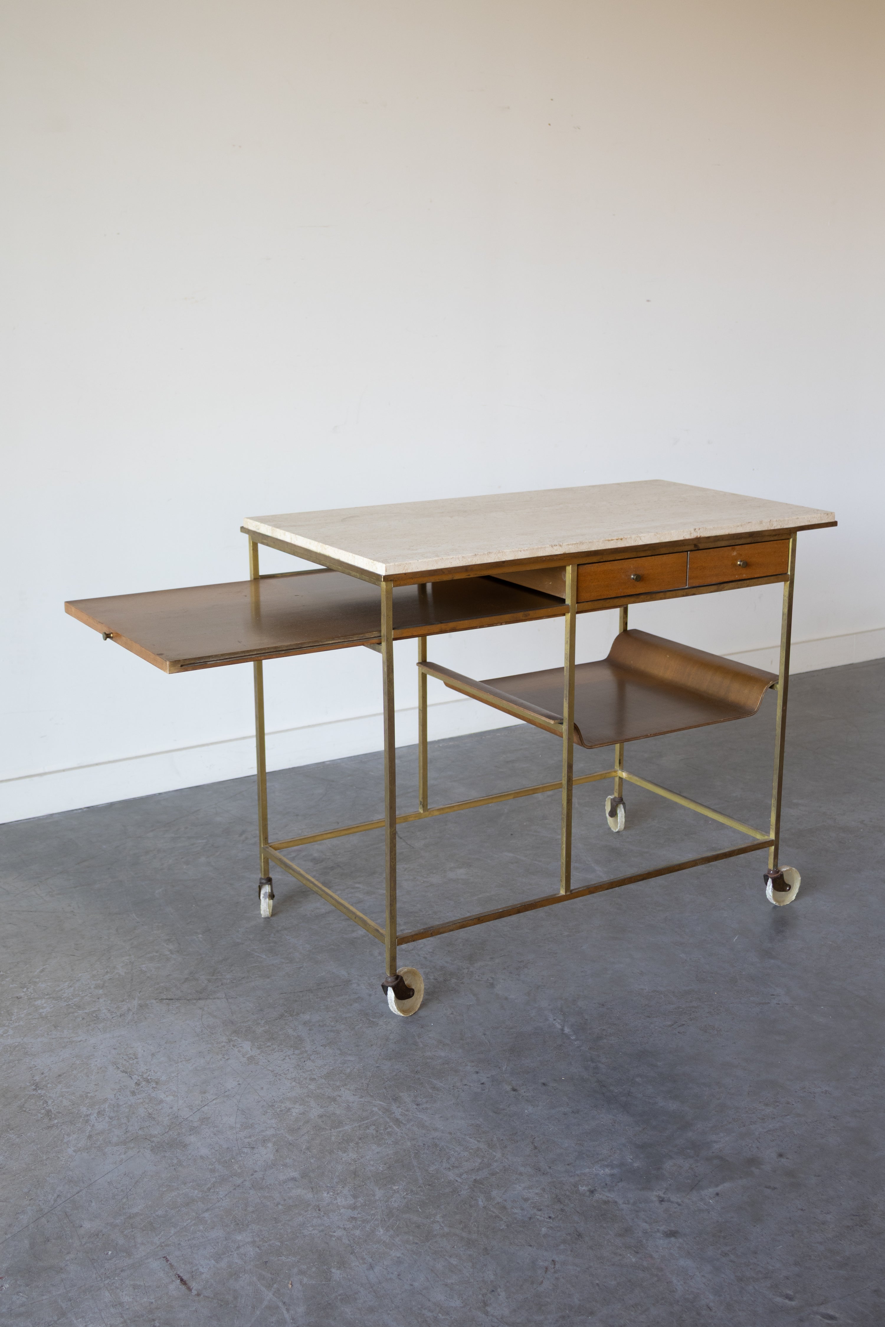 Travertine, Brass and Mahogany Bar Cart by Paul McCobb for Calvin Irwin Collection, 1952
