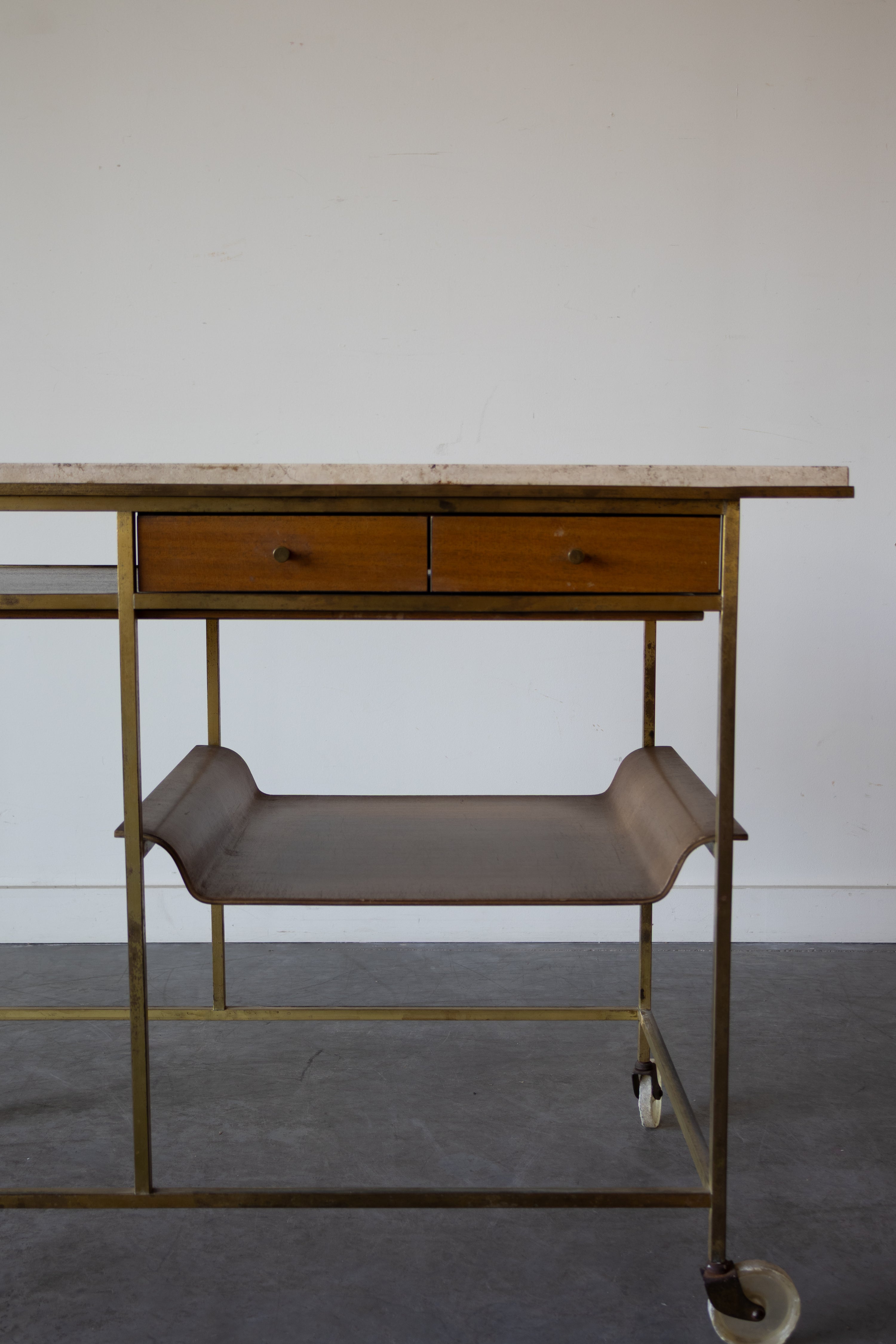 Travertine, Brass and Mahogany Bar Cart by Paul McCobb for Calvin Irwin Collection, 1952