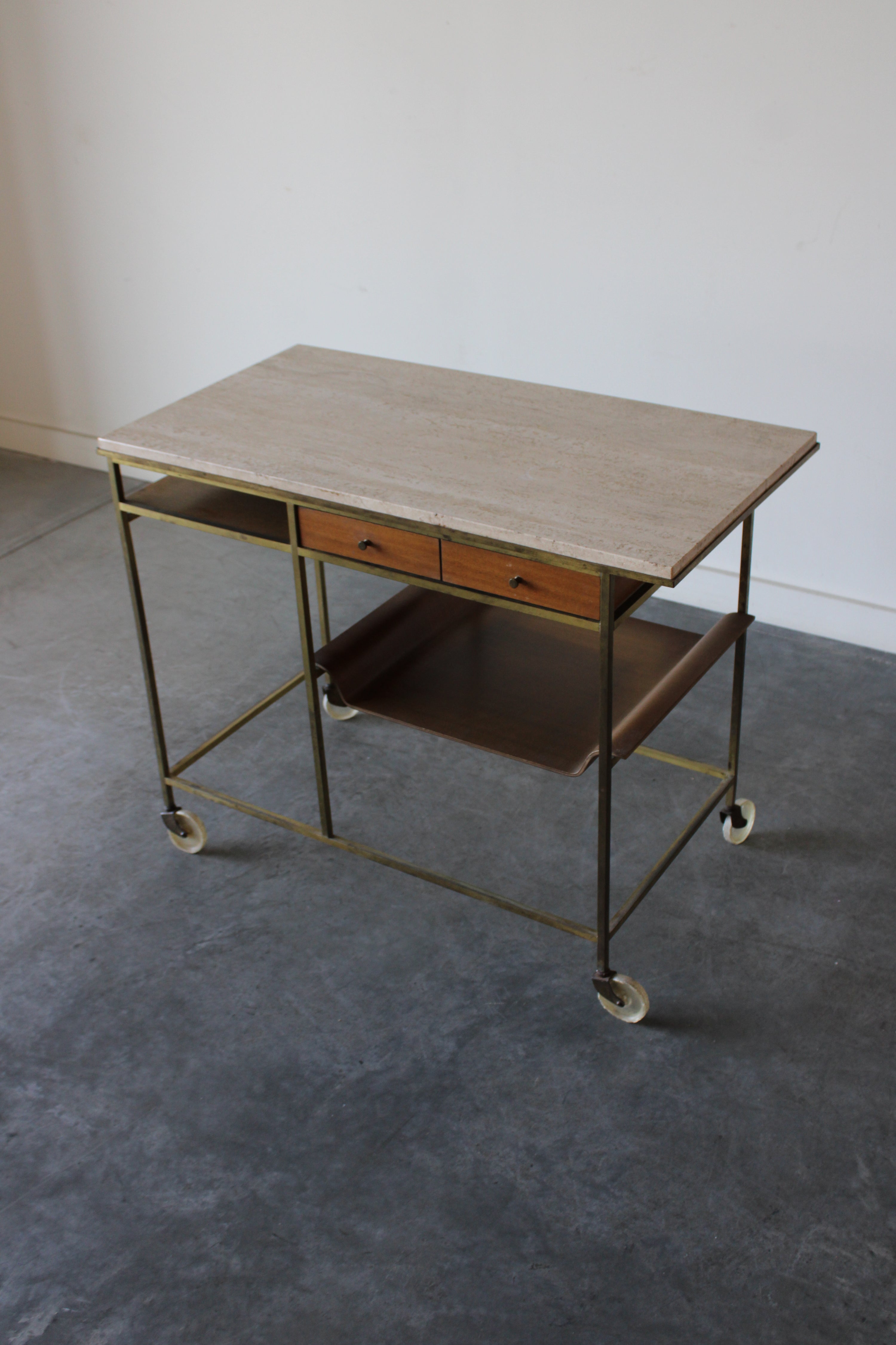 Travertine, Brass and Mahogany Bar Cart by Paul McCobb for Calvin Irwin Collection, 1952