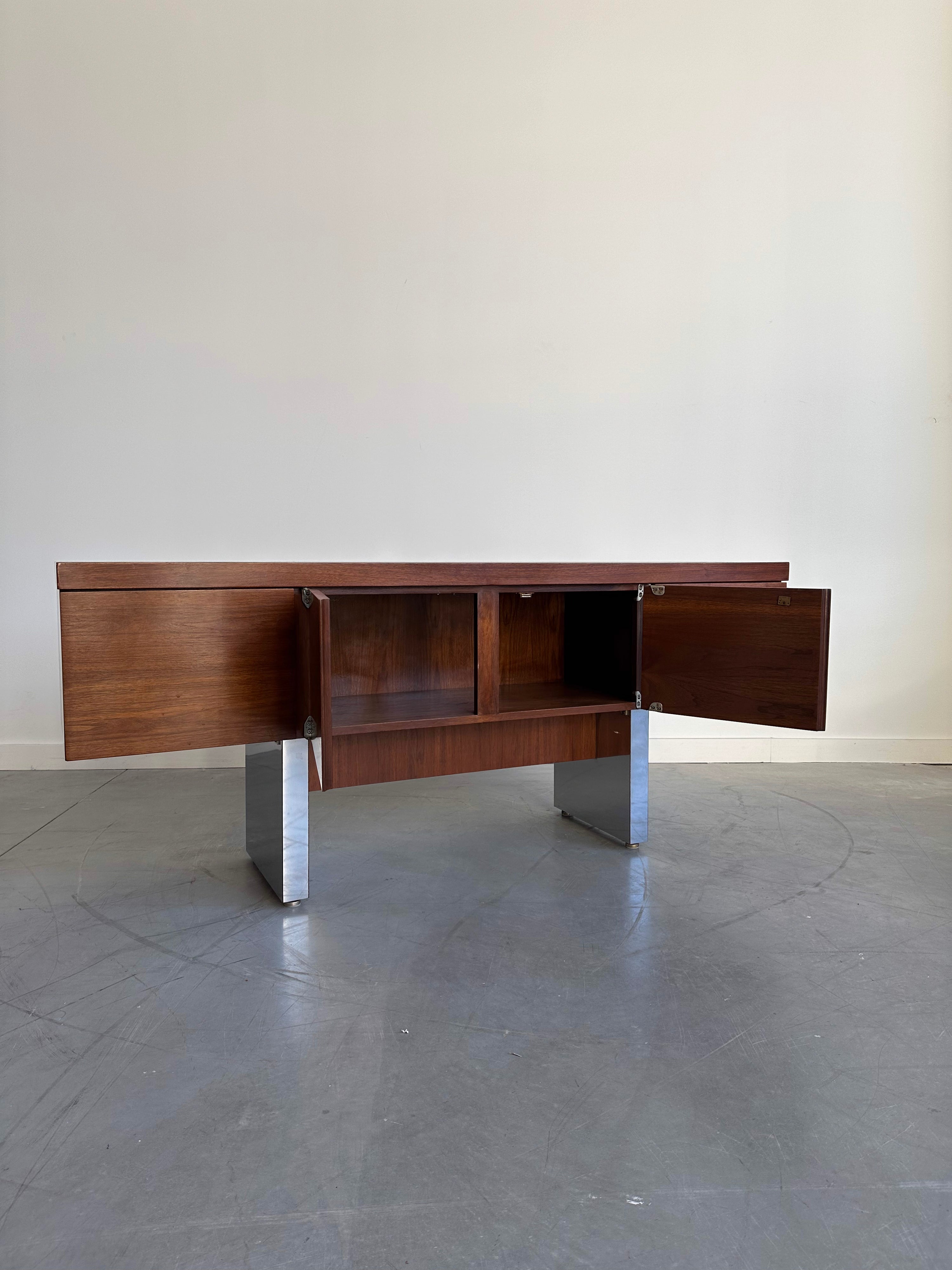 Roger Sprunger for Dunbar Chrome Walnut Formica Credenza